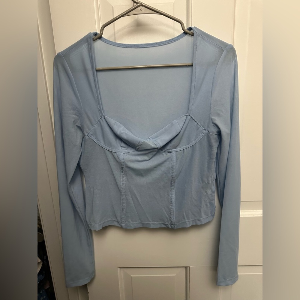 SHEIN Blue Fitted Crop Blouse with Ruched Long Sleeves
